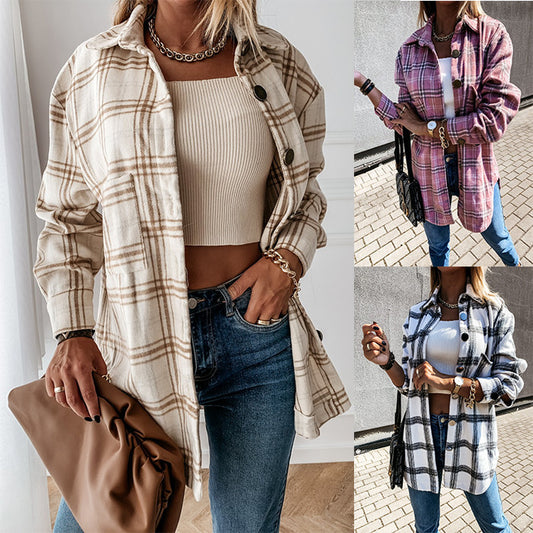 Xenia™ | Retro Plaid Long-Sleeved Shirt Jacket