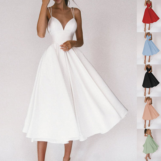 White V-neck Suspender A-Line Long Dresses