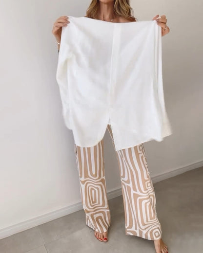 Yvette™ | Long-Sleeved Shirt with Printed Wide Leg Pant 2 Pcs Suit