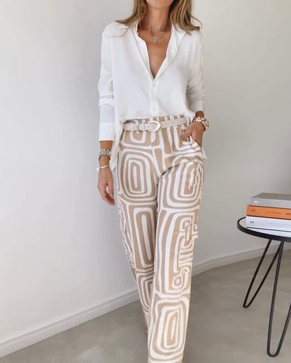 Yvette™ | Long-Sleeved Shirt with Printed Wide Leg Pant 2 Pcs Suit