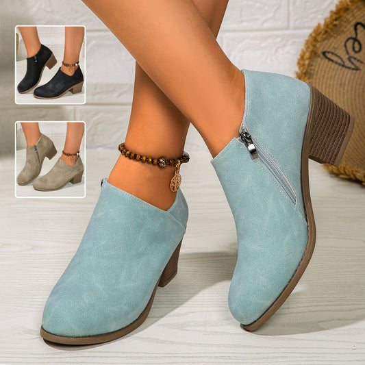 Chunky Heel Round Toe Ankle Boots With Side Zipper Design Fall Winter Short Boots