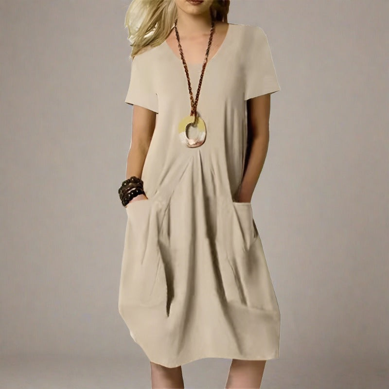 PocketPerfection Solid Cotton Short Sleeve Loose Fit Dress