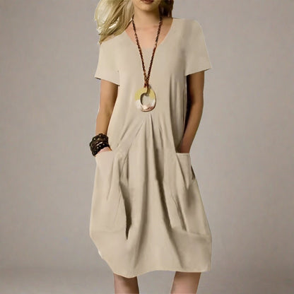 PocketPerfection Solid Cotton Short Sleeve Loose Fit Dress