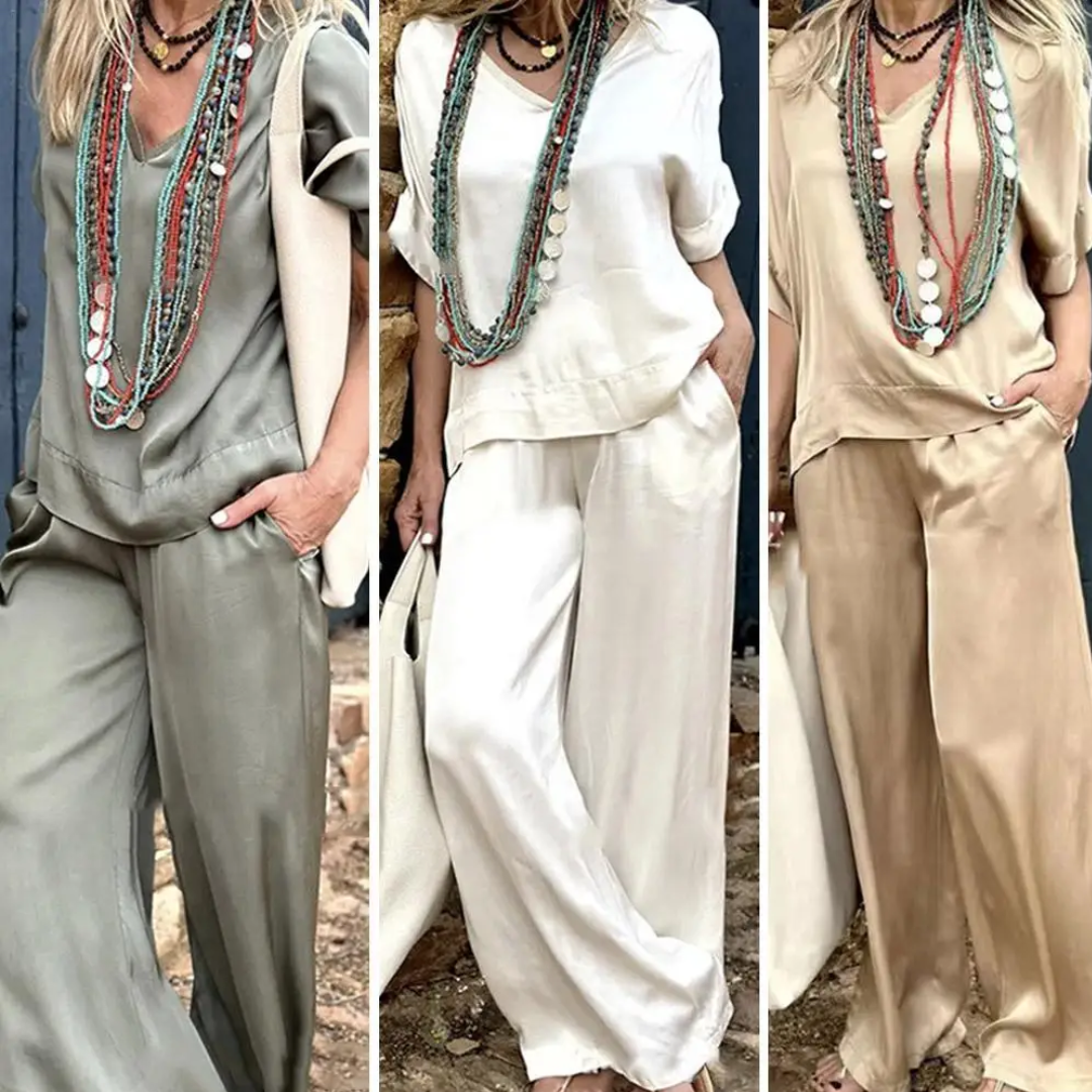 Ellen™ | V-neck Short Sleeve Wide Leg Pants Suit