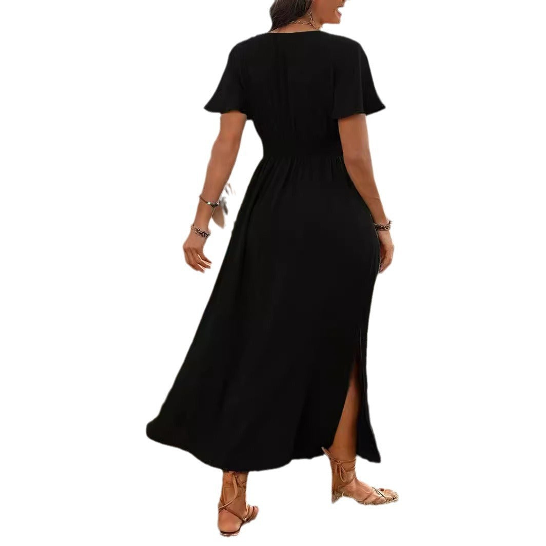 Beau™ | V-Neck Waist Cinched Side Slit Long Dress