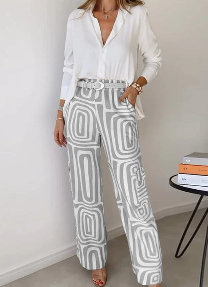 Yvette™ | Long-Sleeved Shirt with Printed Wide Leg Pant 2 Pcs Suit