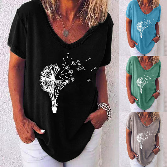 FloralWhisper V-Neck Loose Dandelion Print Fit Blouse