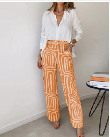 Yvette™ | Long-Sleeved Shirt with Printed Wide Leg Pant 2 Pcs Suit