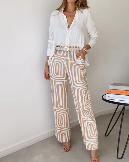 Yvette™ | Long-Sleeved Shirt with Printed Wide Leg Pant 2 Pcs Suit