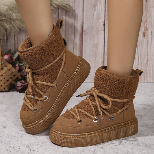 Fashion Lace-up Snow Boots Winter Flat Thick-soled Height-enhancing Cotton