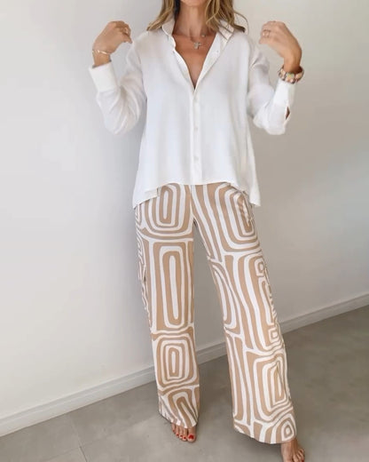 Yvette™ | Long-Sleeved Shirt with Printed Wide Leg Pant 2 Pcs Suit