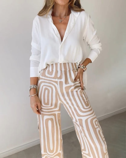 Yvette™ | Long-Sleeved Shirt with Printed Wide Leg Pant 2 Pcs Suit