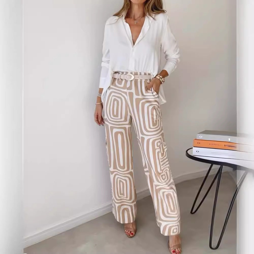 Yvette™ | Long-Sleeved Shirt with Printed Wide Leg Pant 2 Pcs Suit