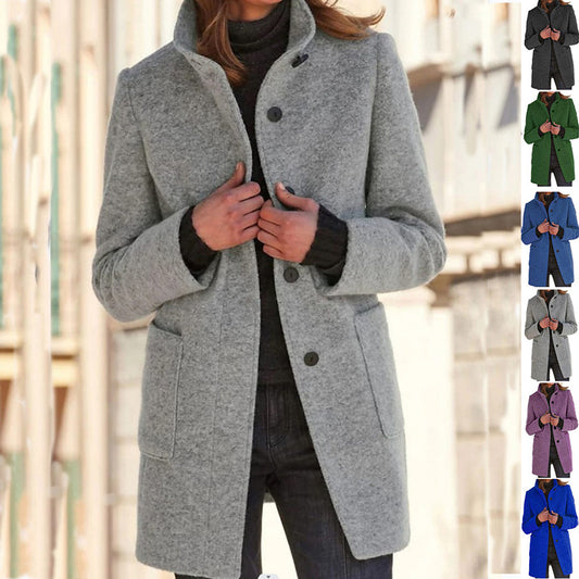 Stand Collar Woolen Coat With Pockets Fall Winter Casual Button Outwear